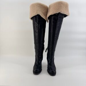 Alice + Olivia Leather Black and Cream Over the Knee Boots with shearling lining